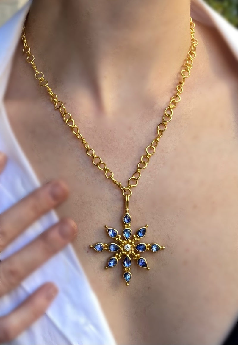 One-of-a kind, Sapphire and Diamond 22 karat gold necklace by fine jewelry designer Linda Hoj