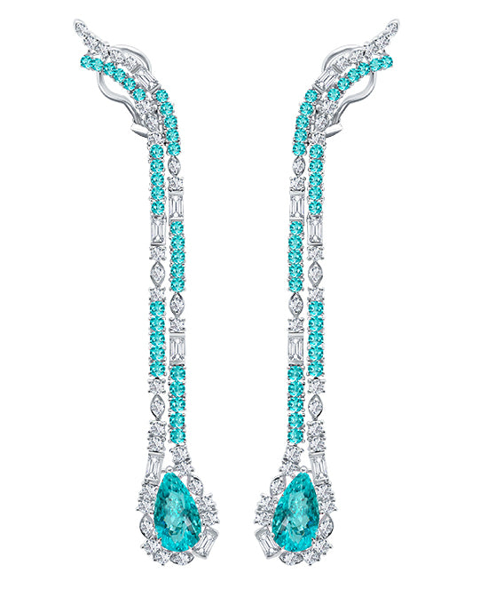 Paraiba tourmaline and diamond drop earrings in 18 karat white gold by fine jewelry designer Graziela