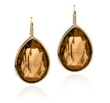 Cognac Quartz pear shape earrings on wire in 18 karat yellow gold by fine jewelry designer Goshwara