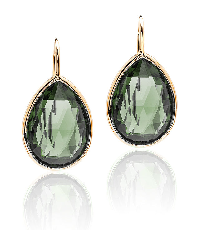 Prasiolite pear shape earrings on wire in 18 karat yellow gold by fine jewelry designer Goshwara