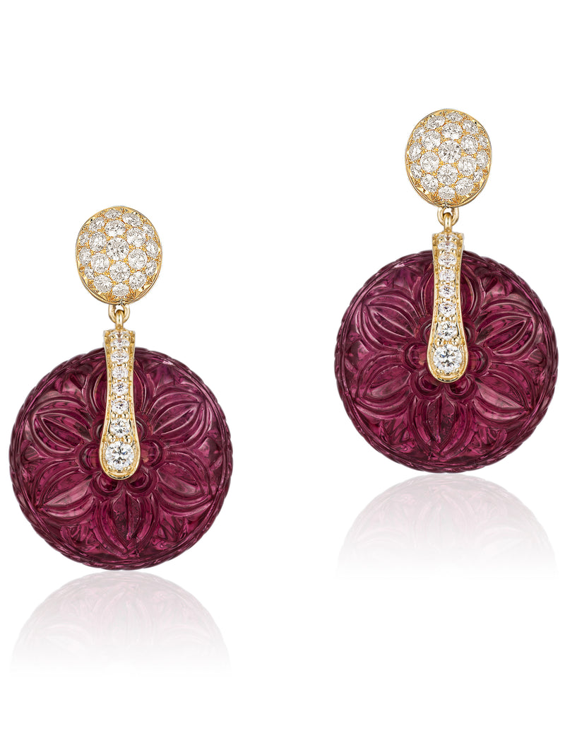 18 karat gold, carved Rubellite bead earrings with Diamonds hoop by fine jewelry designer Goshwara