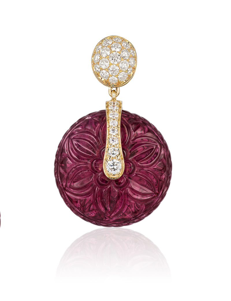 18 karat gold, carved Rubellite bead earrings with Diamonds hoop by fine jewelry designer Goshwara