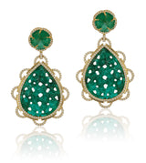 One of a kind, 18 karat gold, diamond and emerald drop earrings by fine jewelry designer Goshwara