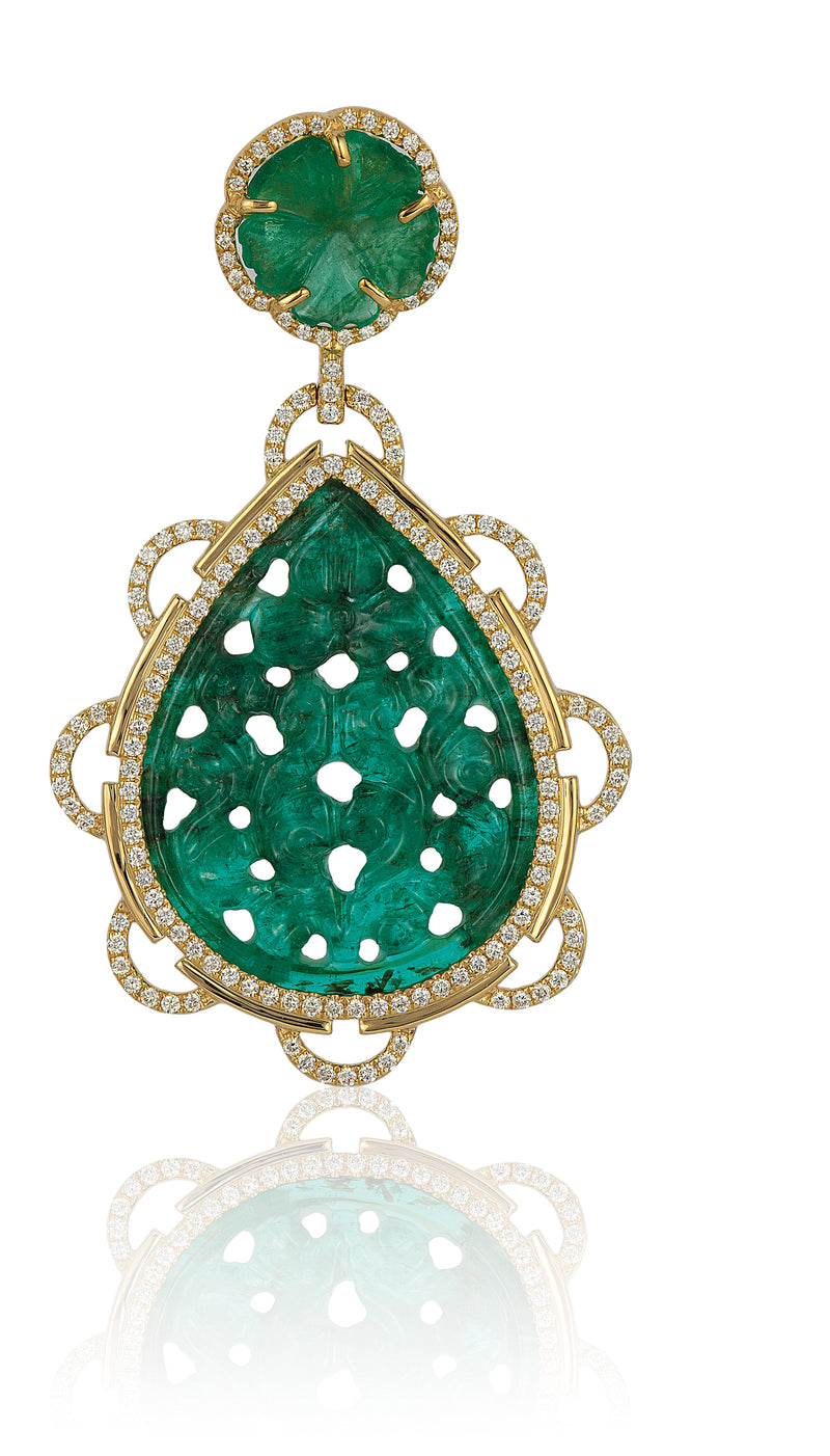 18 karat gold, diamond and emerald drop earrings by fine jewelry designer Goshwara