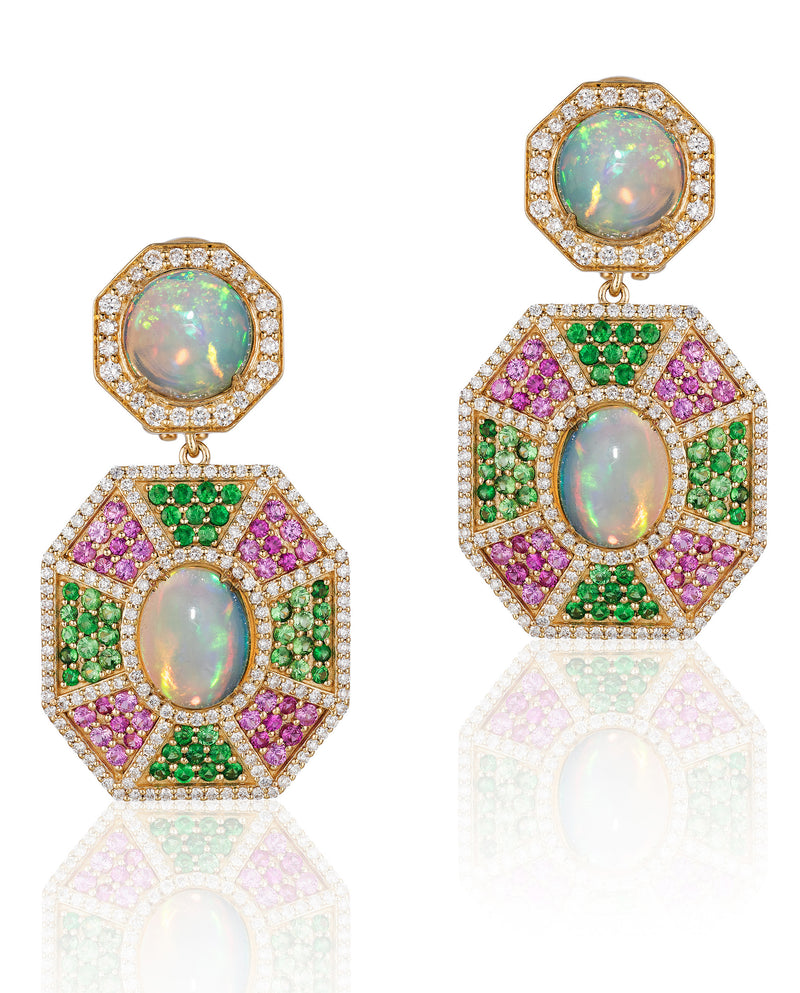 18 karat gold, Opal, Tsavorite, Pink Sapphire and Diamonds earrings by fine jewelry designer Goshwara