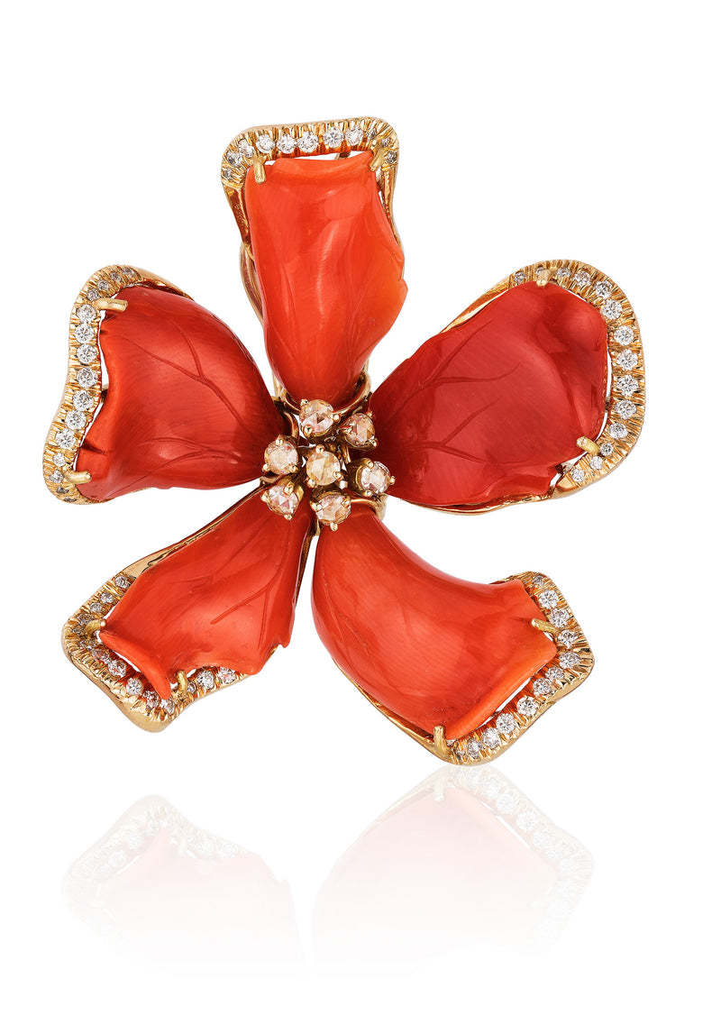 Flower Coral Earrings with Diamonds in 18 karat yellow gold by fine jewelry designer Goswhara