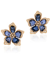18 karat gold, flower shape Sapphire earrings with Diamonds by fine jewelry designer Goshwara