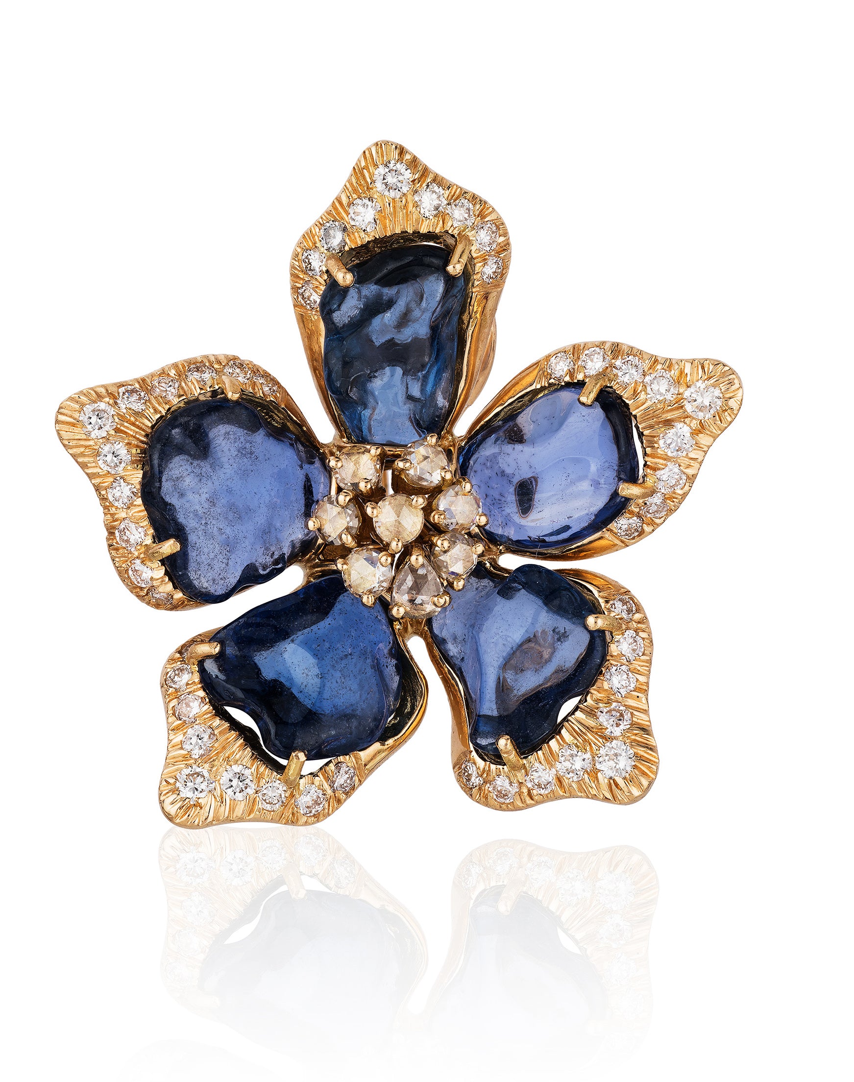 18 karat gold, flower shape Sapphire earrings with Diamonds by fine jewelry designer Goshwara18k gold, flower sapphire earrings with Diamonds by fine jewelry designer Goshwara