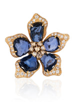 18 karat gold, flower shape Sapphire earrings with Diamonds by fine jewelry designer Goshwara