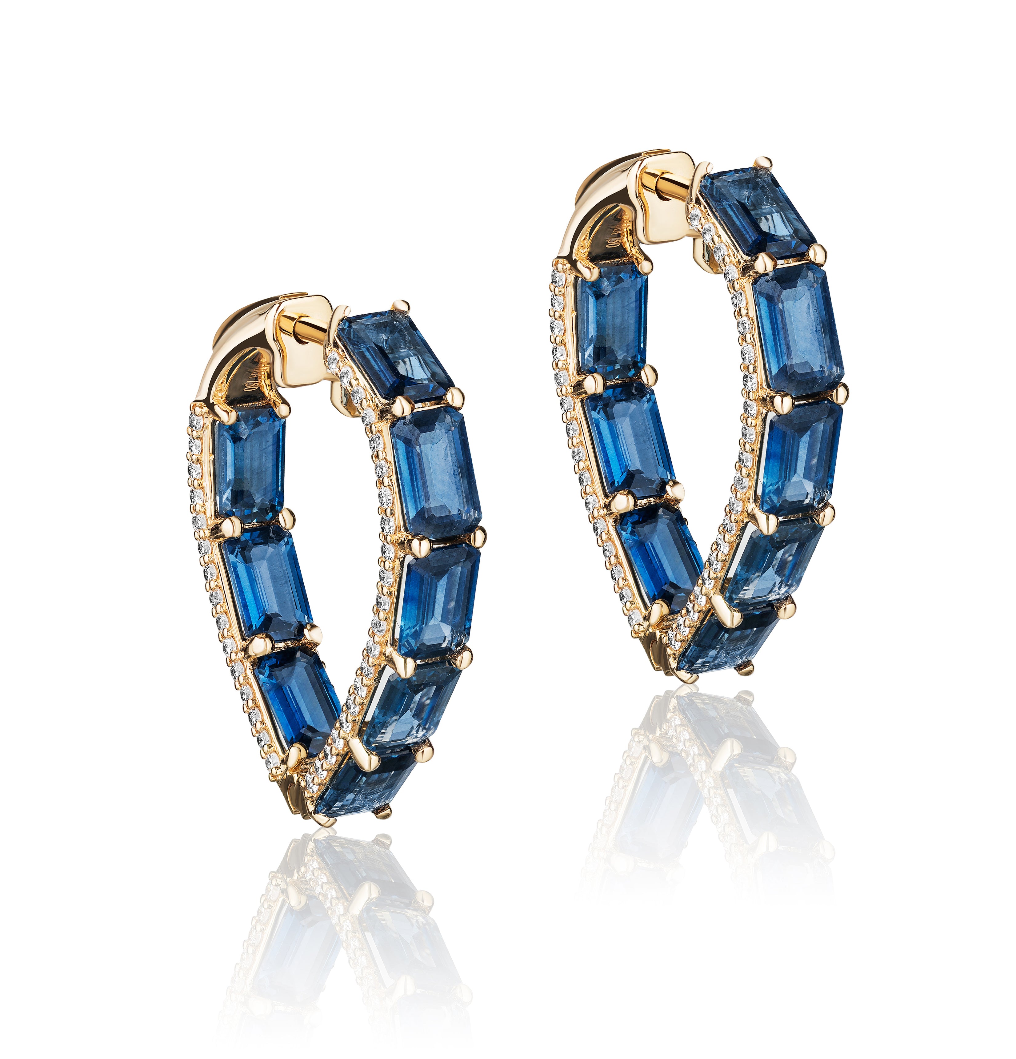 Blue Sapphire heart shape hoop earrings with Diamonds 18 karat yellow gold by fine jewelry designer Goshwara