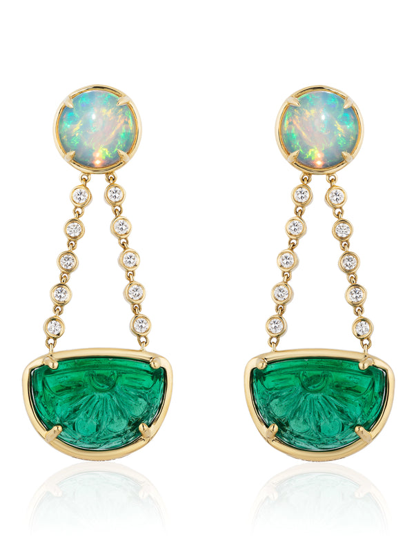 Opal, Diamonds and Emerald earrings by fine jewelry designer Goshwara.