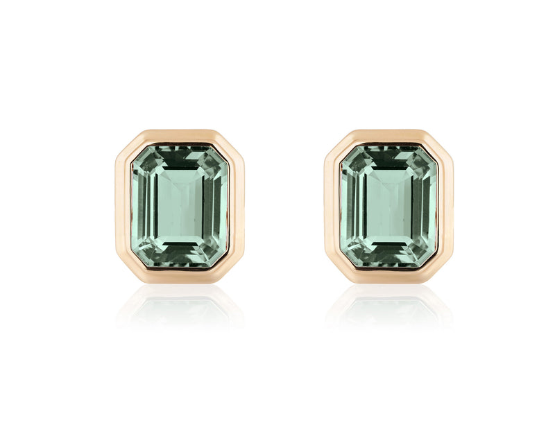 Prasiolite emerald cut stud earrings in 18 karat yellow gold by fine jewelry designer Goshwara