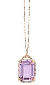 Lavender Amethyst emerald cut pendant with diamonds and 18 karat rose gold chain by fine jewelry designer Goshwara