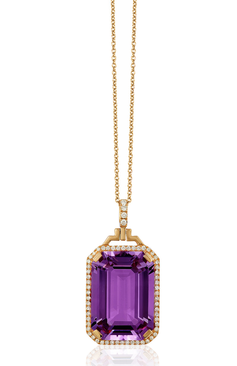 Amethyst emerald cut pendant with diamonds and 18 karat gold chain by fine jewelry designer Goshwara