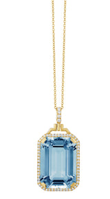 Blue Topaz emerald cut pendant with diamonds and 18 karat gold chain by fine jewelry designer Goshwara