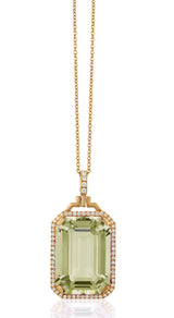 Prasiolite emerald cut pendant with diamonds and 18 karat gold chain by fine jewelry designer Goshwara