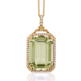 Prasiolite emerald cut pendant with diamonds and 18 karat gold chain by fine jewelry designer Goshwara