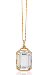 Rock Crystal emerald cut pendant with diamonds and 18 karat gold chain by fine jewelry designer Goshwara