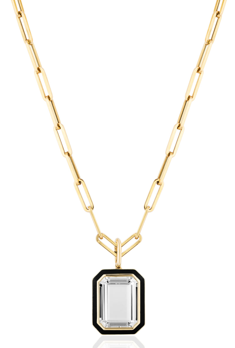 Flat Rock Crystal pendant with Black Enamel and 18 karat gold chain by fine jewelry designer Goshwara