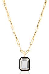 Rock Crystal pendant with Black Enamel and 18 karat gold chain by fine jewelry designer Goshwara