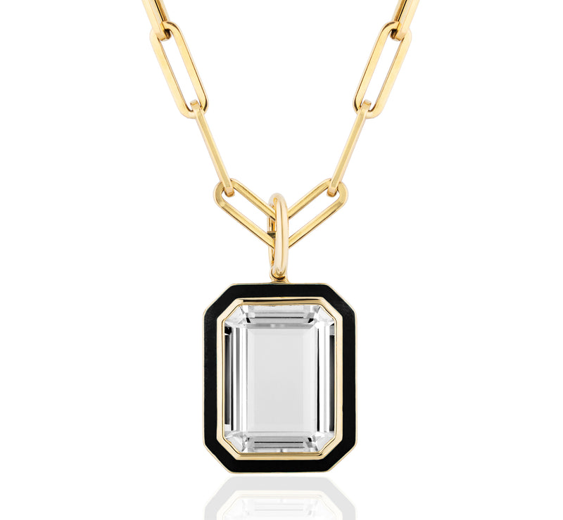 Flat Rock Crystal pendant with Black Enamel and 18 karat gold chain by fine jewelry designer Goshwara