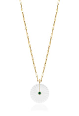Carved diamond and emerald pendant with 18 karat gold chain by fine jewelry designer Goshwara