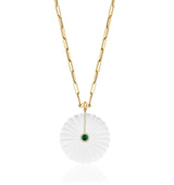 Carved diamond and emerald pendant with 18 karat gold chain by fine jewelry designer Goshwara