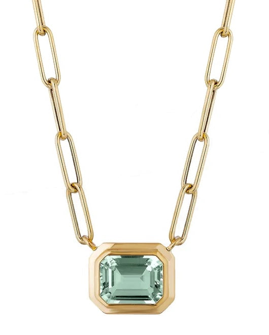 Prasiolite emerald cut pendant in 18 karat gold chain by fine jewelry designer Goshwara