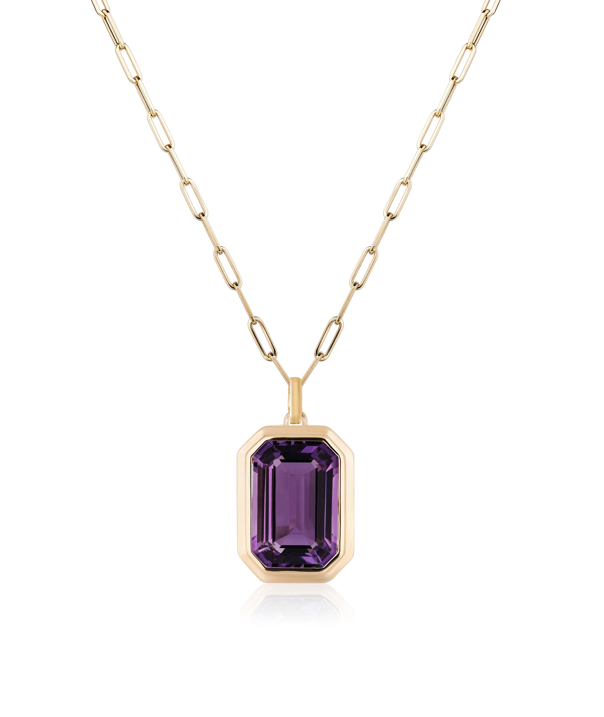 Amethyst emerald cut pendant with 18 karat gold chain by fine jewelry designer Goshwara