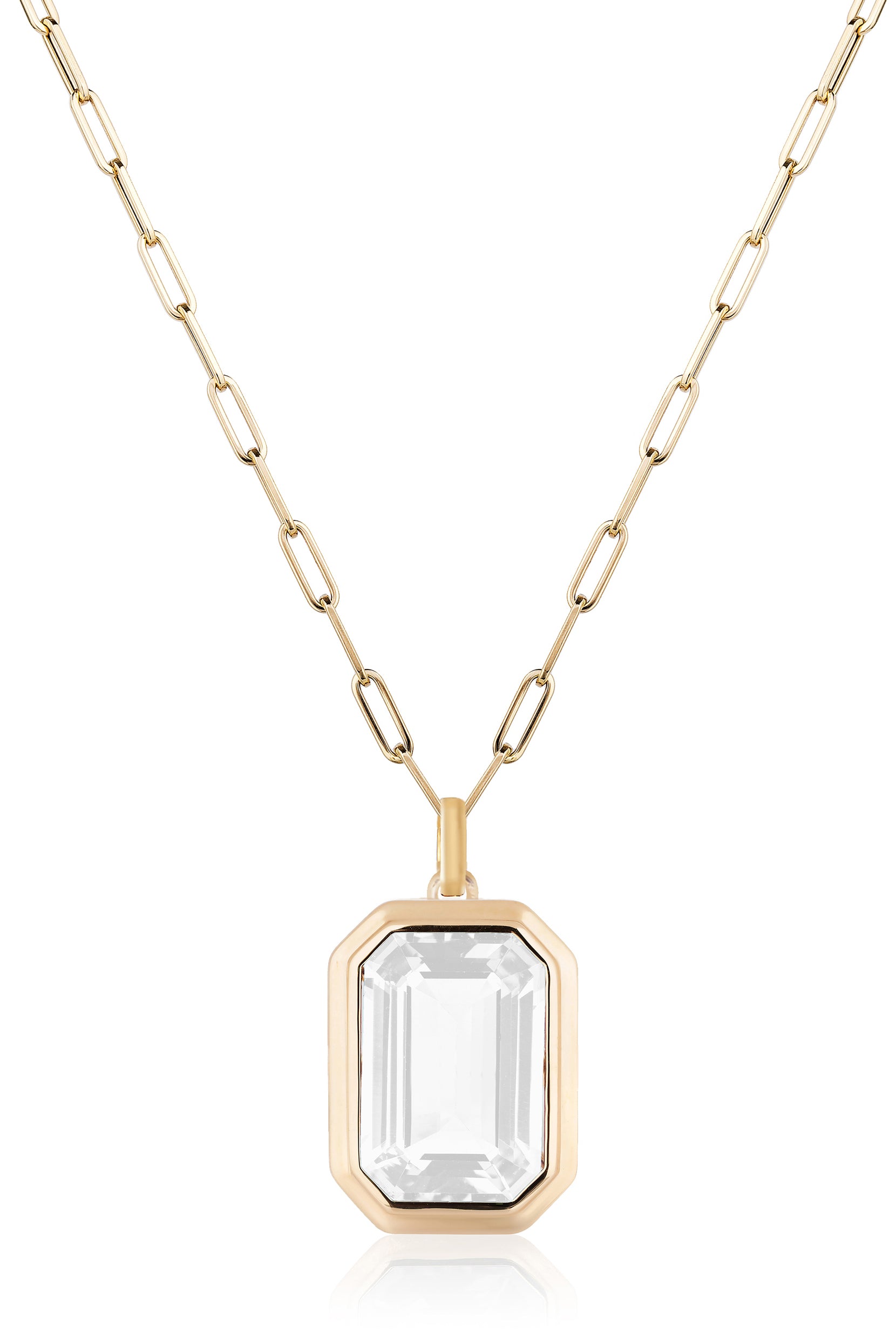 Moon Quartz emerald cut pendant with 18 karat gold chain by fine jewelry designer Goshwara