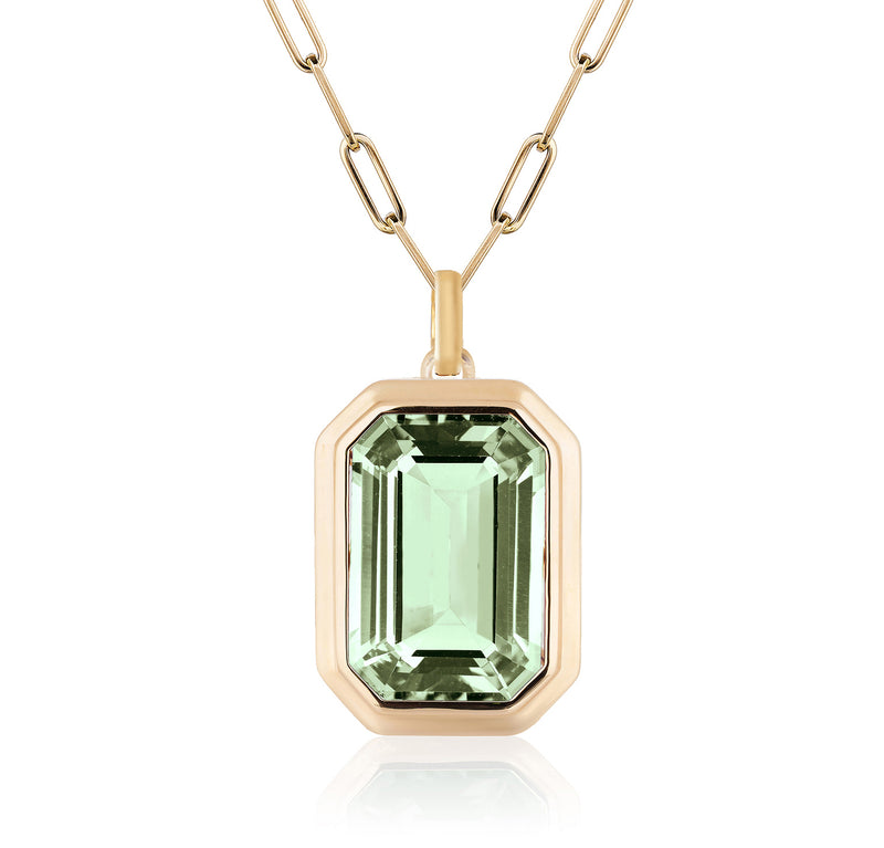 Prasiolite emerald cut pendant with 18 karat gold chain by fine jewelry designer Goshwara