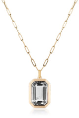 Rock Crystal emerald cut pendant with 18 karat gold chain by fine jewelry designer Goshwara