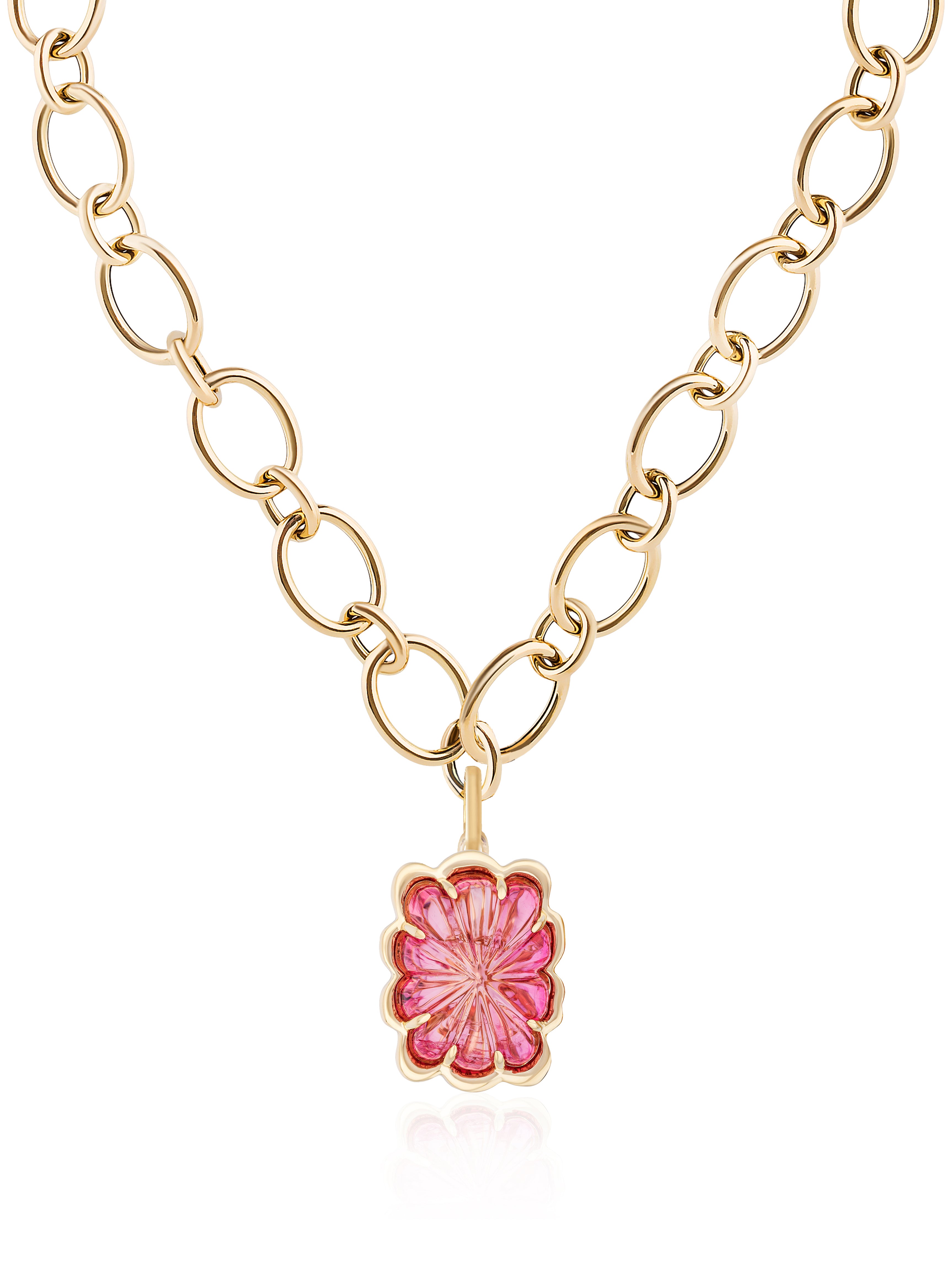 Pink tourmaline pendant with 18 karat gold chain by fine jewelry designer Goshwara