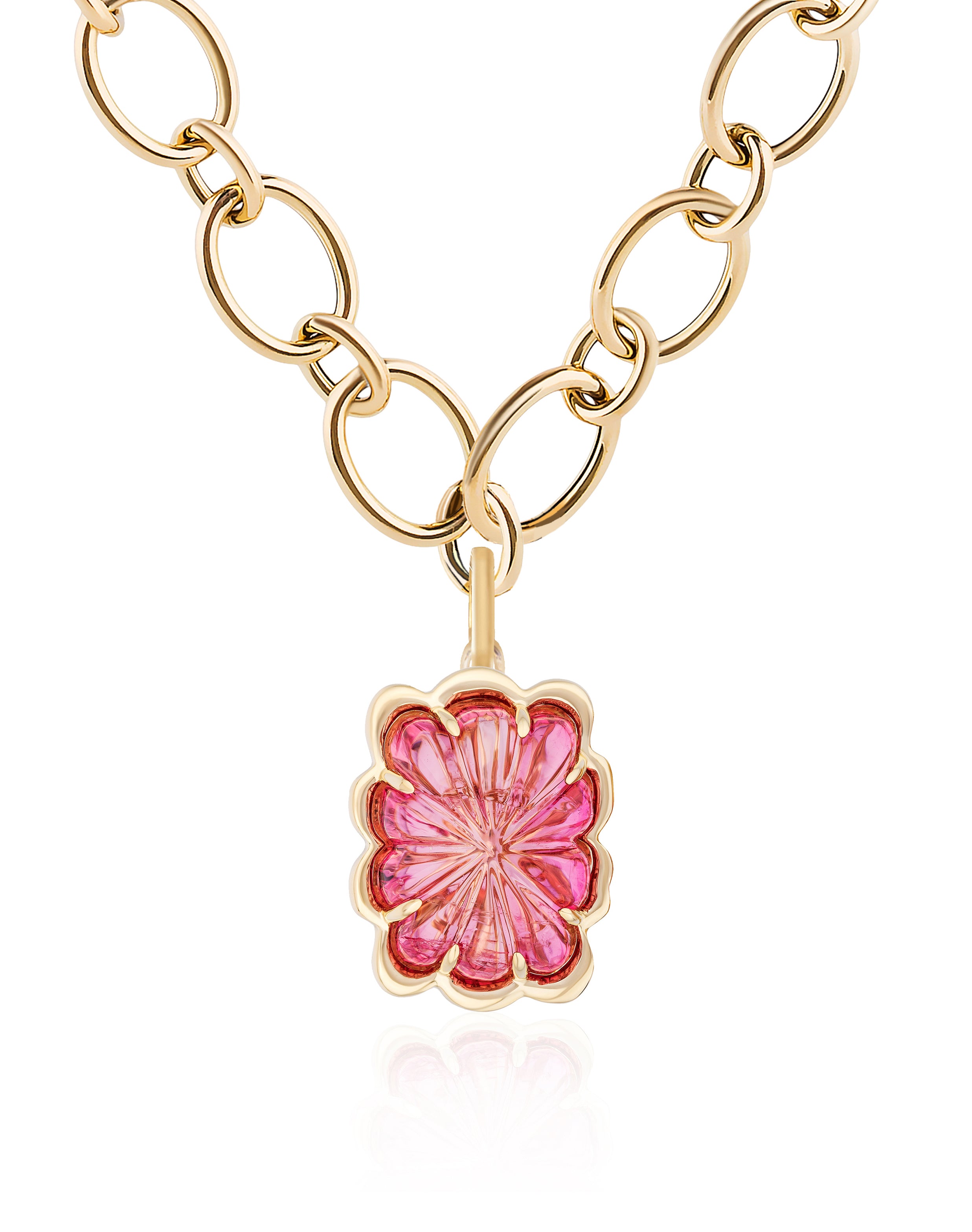 Pink tourmaline pendant with 18 karat gold chain by fine jewelry designer Goshwara