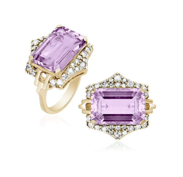 Lavender Amethyst Ring with Diamonds in 18 karat yellow gold by fine jewelry designer Goshwara