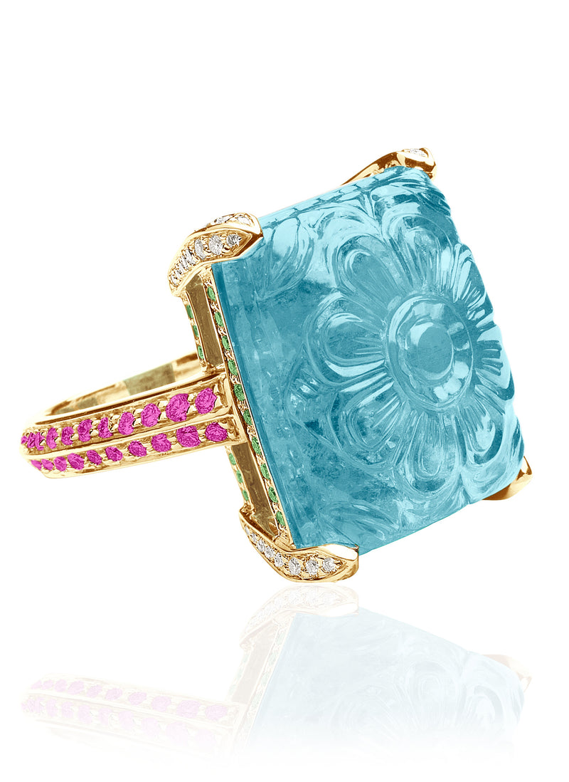 18 karat gold, carved Aquamarine ring with Tsavourite and Pink Sapphire by fine jewelry designer Goshwara