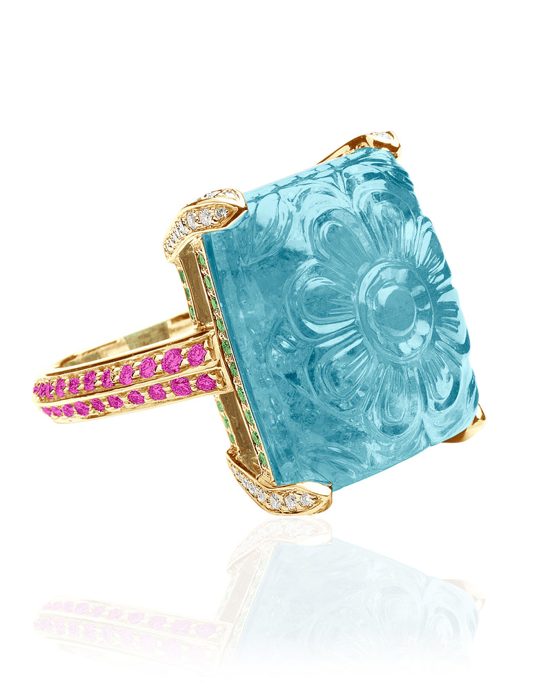 Aquamarine 18 karat gold ring with Tsavourite and Pink Sapphire by fine jewelry designer Goshwara