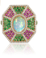 18 karat gold, Opal, Tsavorite, Pink Sapphire and Diamonds rings by fine jewelry designer Goshwara.