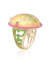 Opal cab ring with Pink Sapphire and Tsavorite in 18 karat yellow gold by fine jewelry designer Goshwara