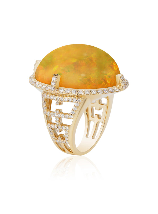 Brown Opal oval cab ring with Diamonds in 18 karat yellow gold by fine jewelry designer Goshwara