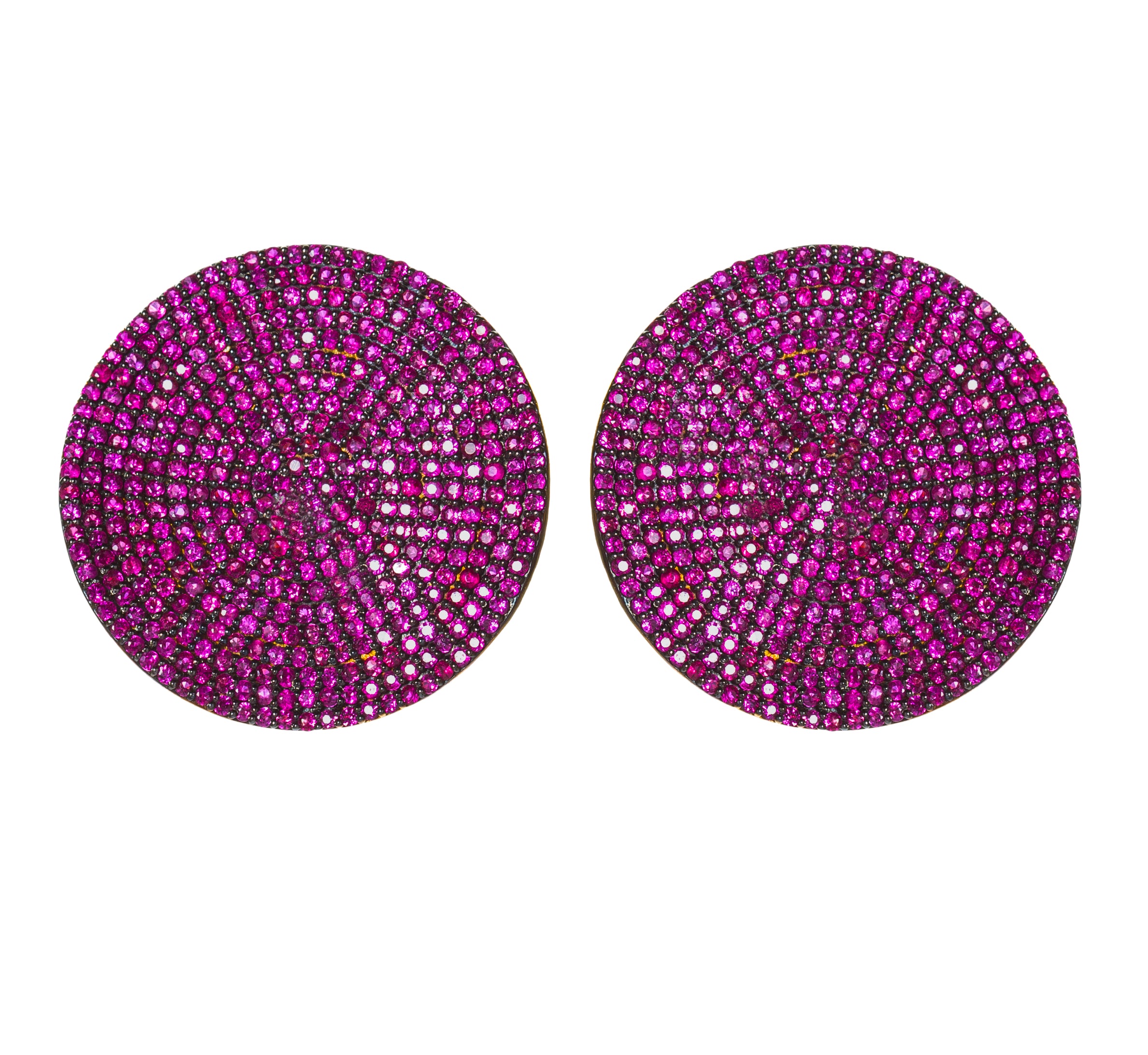 Ruby disc earrings by fine jewelry designer ESTAA, silver plated with 14 karat gold