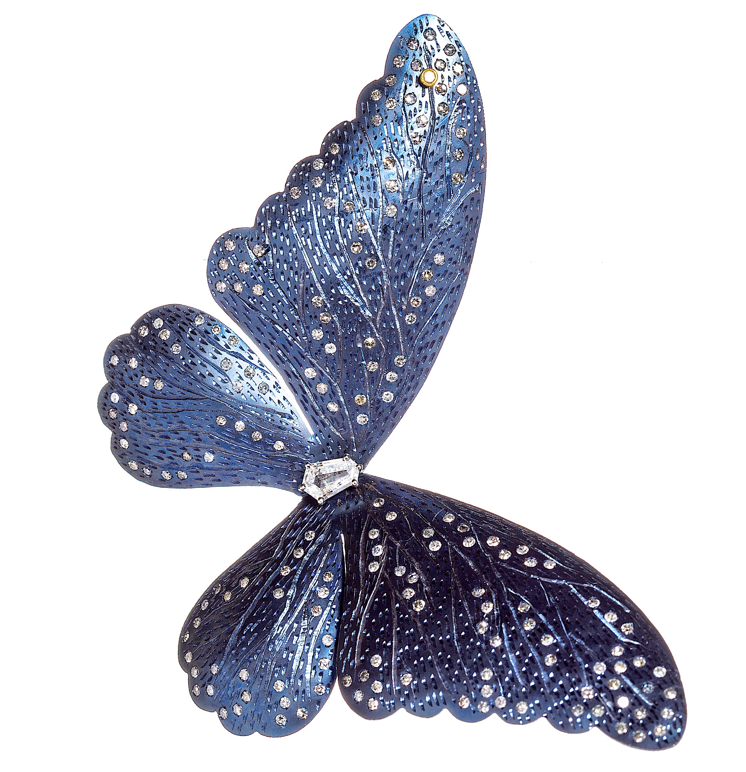 Blue Titanium Butterfly single earring with diamonds in 18 karat gold by fine jewelry designer ESTAA