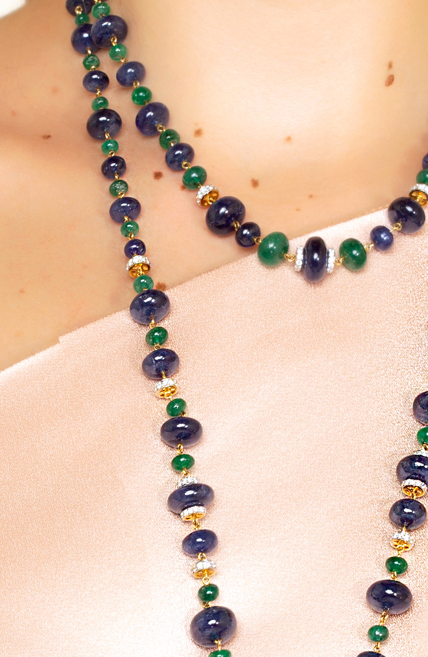 Unique Heirloom. 18k gold necklace with diamond, emerald and sapphire by fine jewelry designer ESTAA.