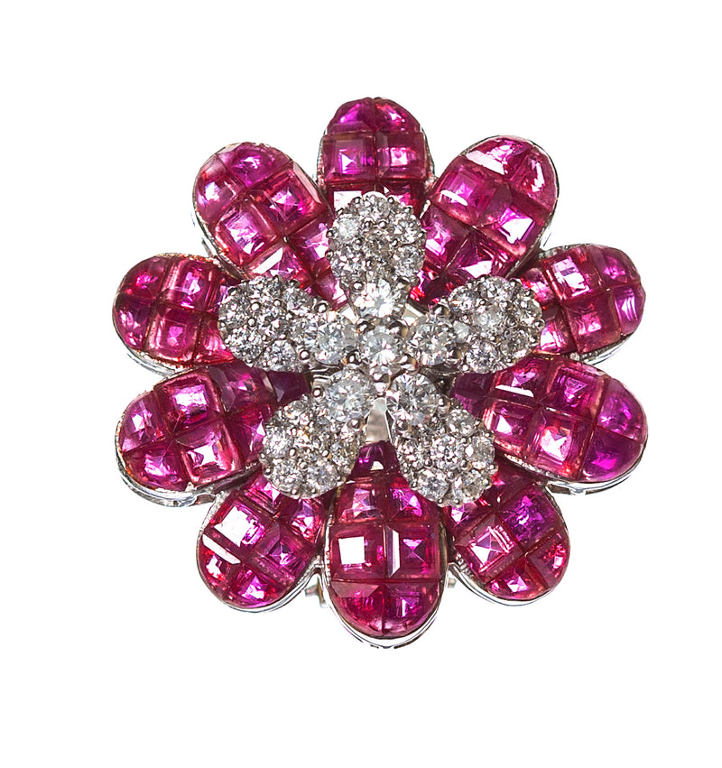 Ruby and Diamond flower earrings by fine jewelry designer ESTAA