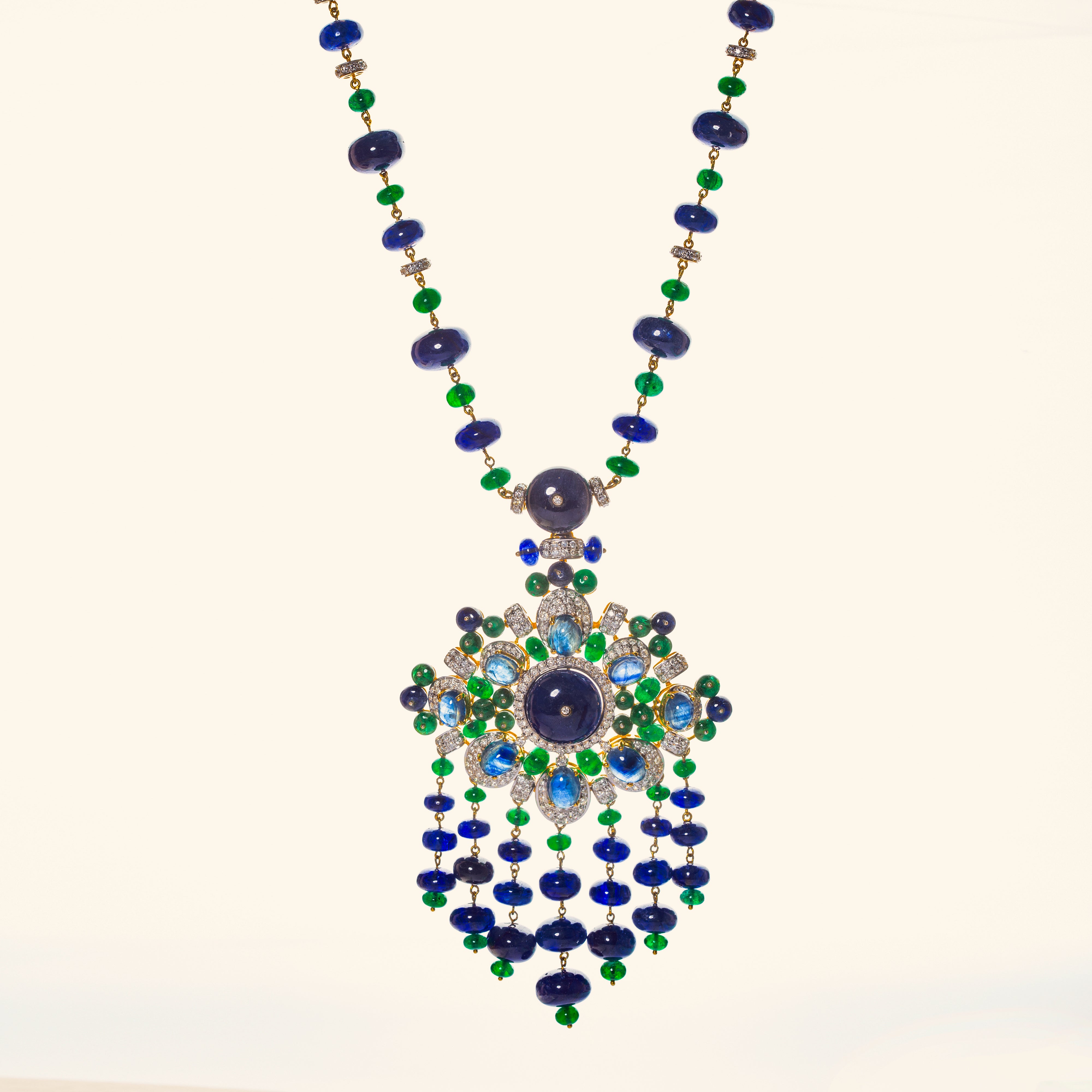 Unique Heirloom. 18k gold necklace with diamond, emerald and sapphire by fine jewelry designer ESTAA.