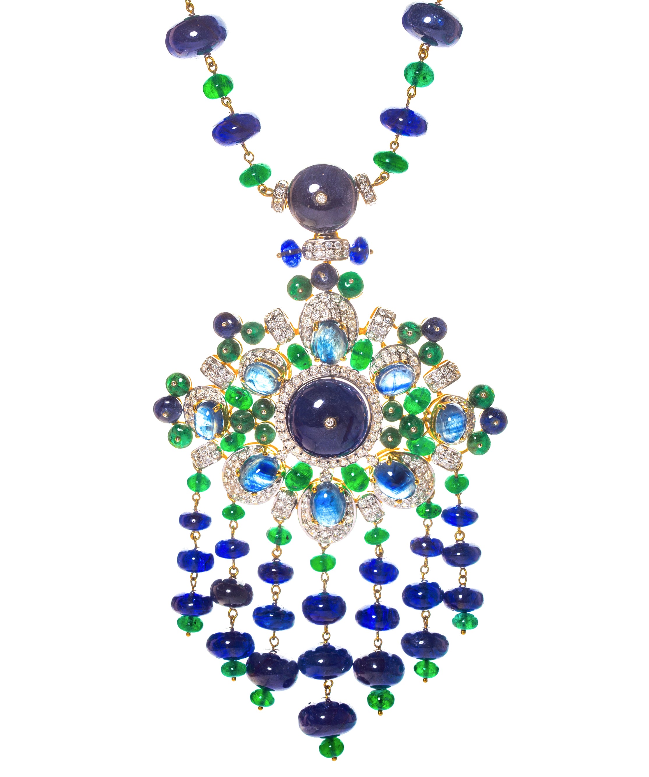 Unique Heirloom. 18k gold necklace with diamond, emerald and sapphire by fine jewelry designer ESTAA.