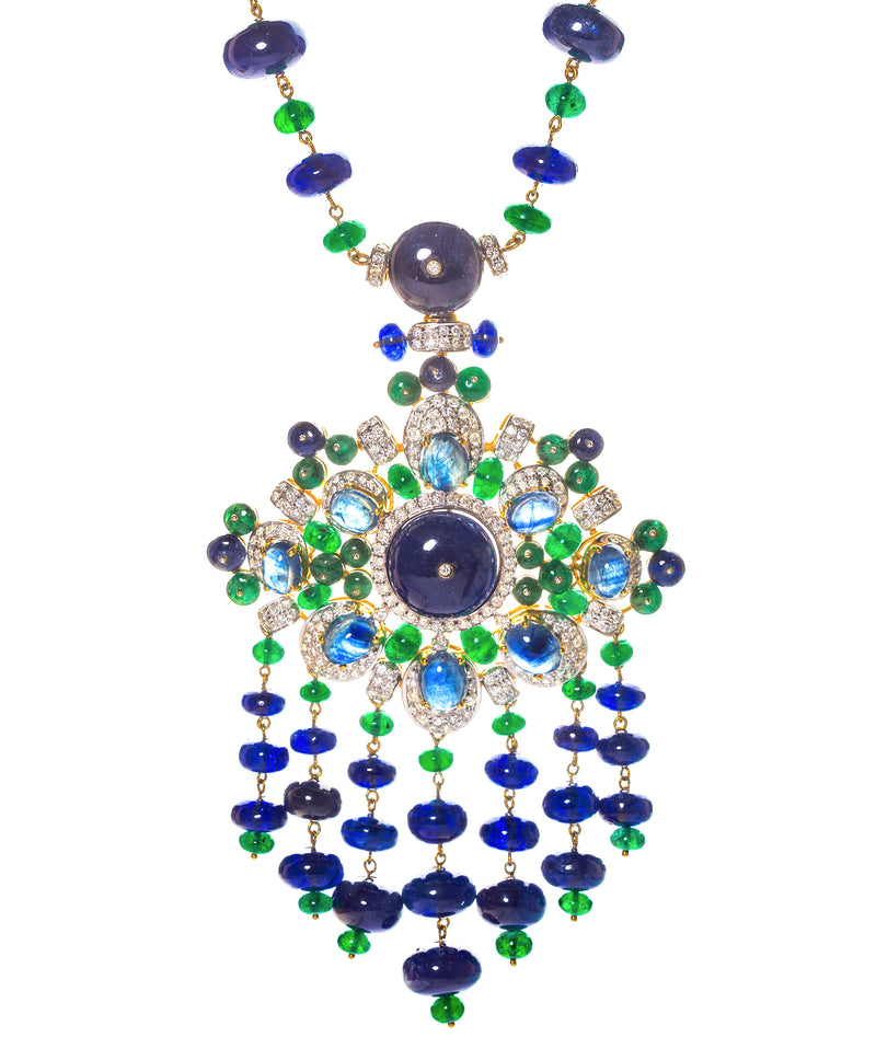 18 karat gold necklace with diamond, emerald and sapphire by fine jewelry designer ESTAA