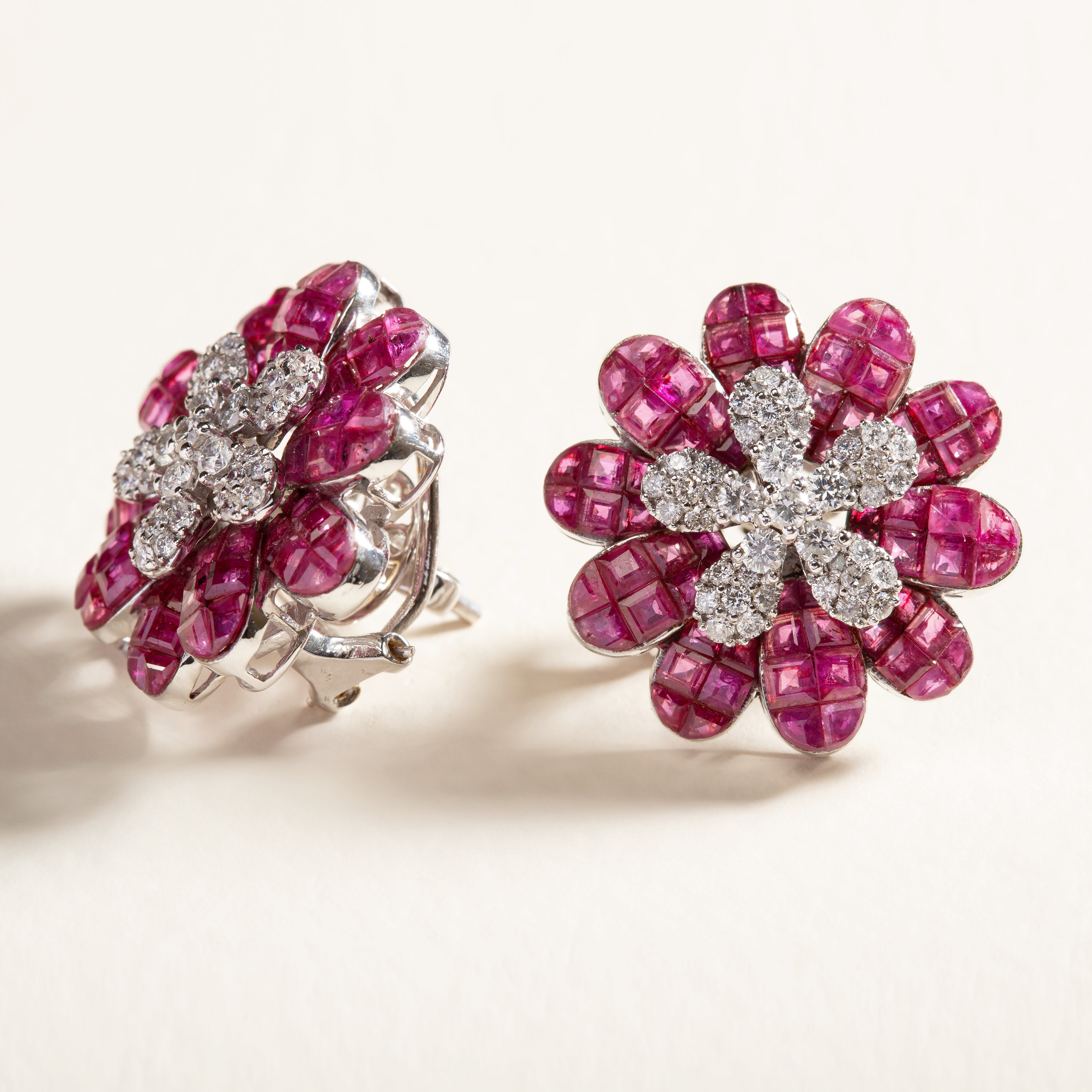 Ruby and Diamond flower earrings by fine jewelry designer ESTAA