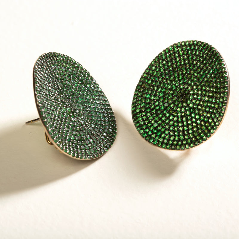 Tsavorite disc earrings by fine jewelry designer ESTAA, silver plated with 14 karat gold