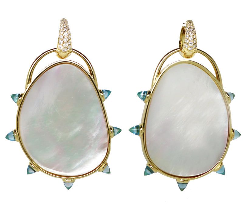 18 karat gold Mother of Pearl, Diamond and Blue Topaz large earrings by fine jewelry designer Maviada